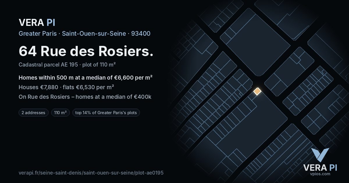 64 Rue des Rosiers, Saint-Ouen-sur-Seine at night – the plot lit, the parcels around coloured by the prices near them