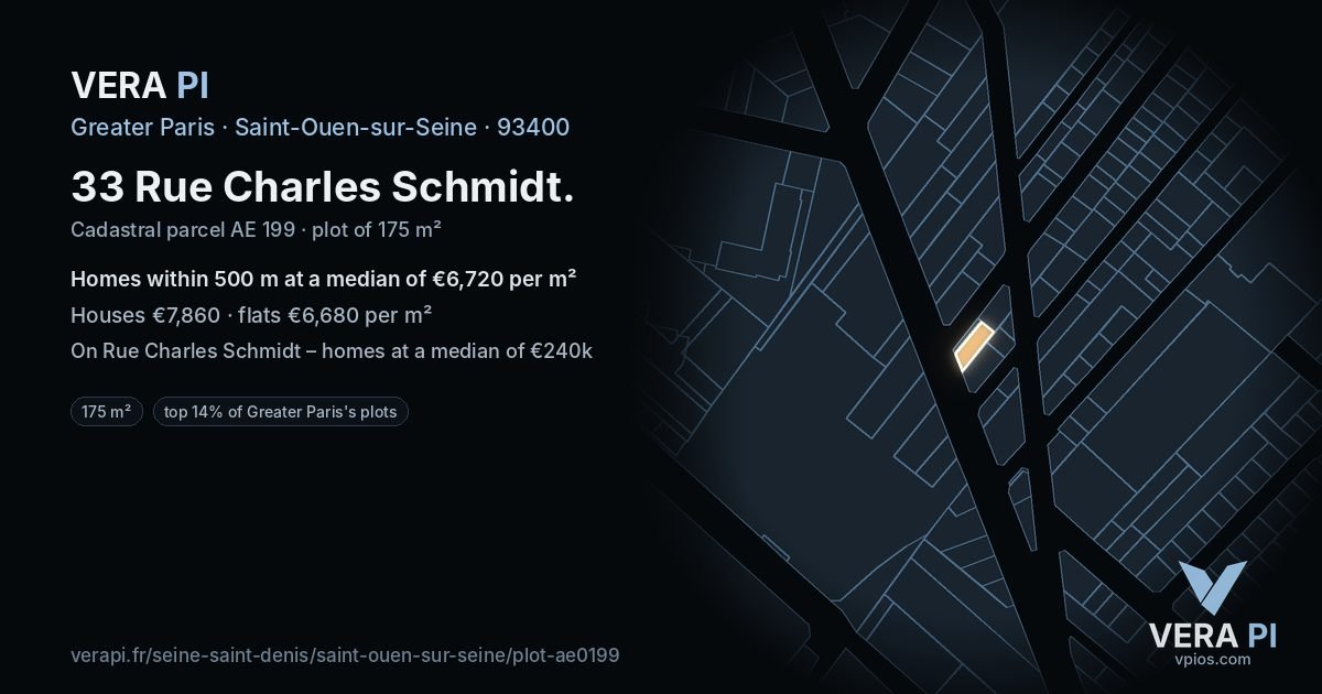 33 Rue Charles Schmidt, Saint-Ouen-sur-Seine at night – the plot lit, the parcels around coloured by the prices near them