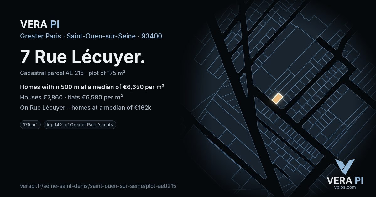 7 Rue Lécuyer, Saint-Ouen-sur-Seine at night – the plot lit, the parcels around coloured by the prices near them
