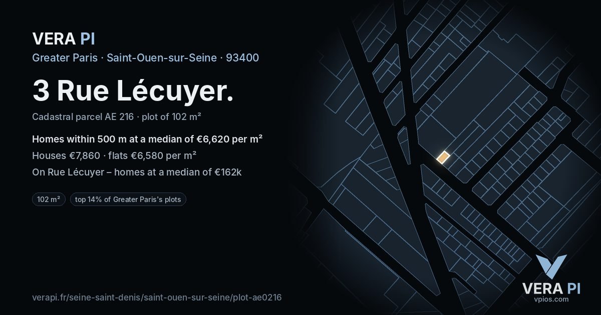 3 Rue Lécuyer, Saint-Ouen-sur-Seine at night – the plot lit, the parcels around coloured by the prices near them