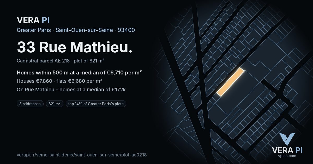 33 Rue Mathieu, Saint-Ouen-sur-Seine at night – the plot lit, the parcels around coloured by the prices near them