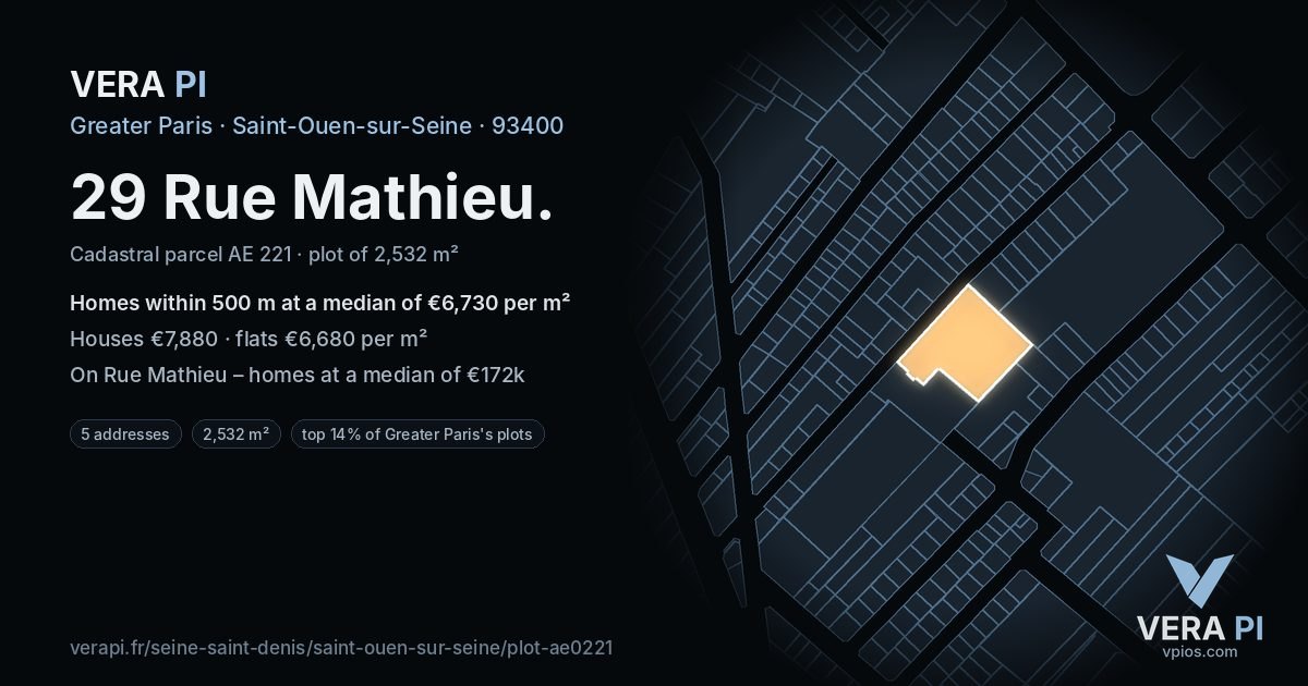 29 Rue Mathieu, Saint-Ouen-sur-Seine at night – the plot lit, the parcels around coloured by the prices near them