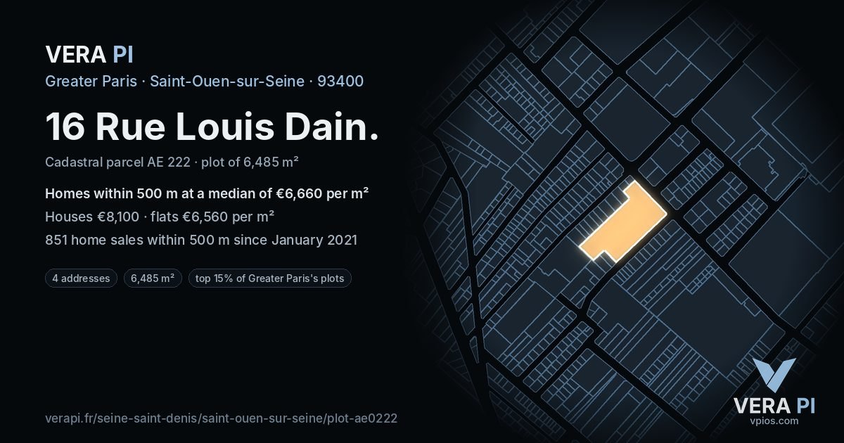 16 Rue Louis Dain, Saint-Ouen-sur-Seine at night – the plot lit, the parcels around coloured by the prices near them