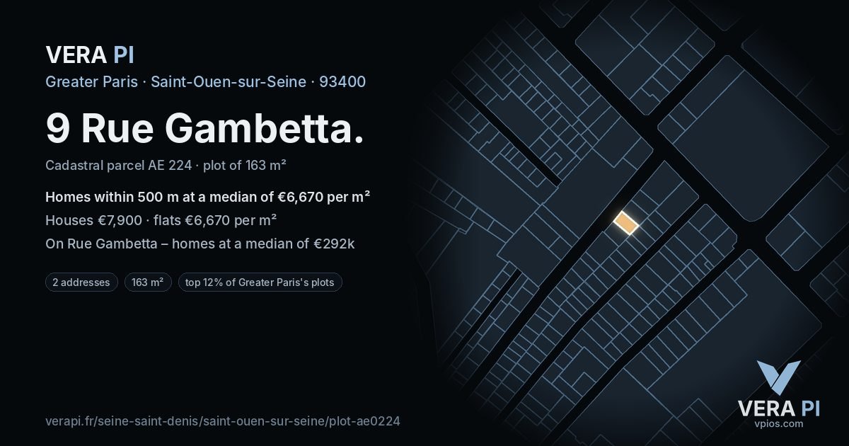 9 Rue Gambetta, Saint-Ouen-sur-Seine at night – the plot lit, the parcels around coloured by the prices near them