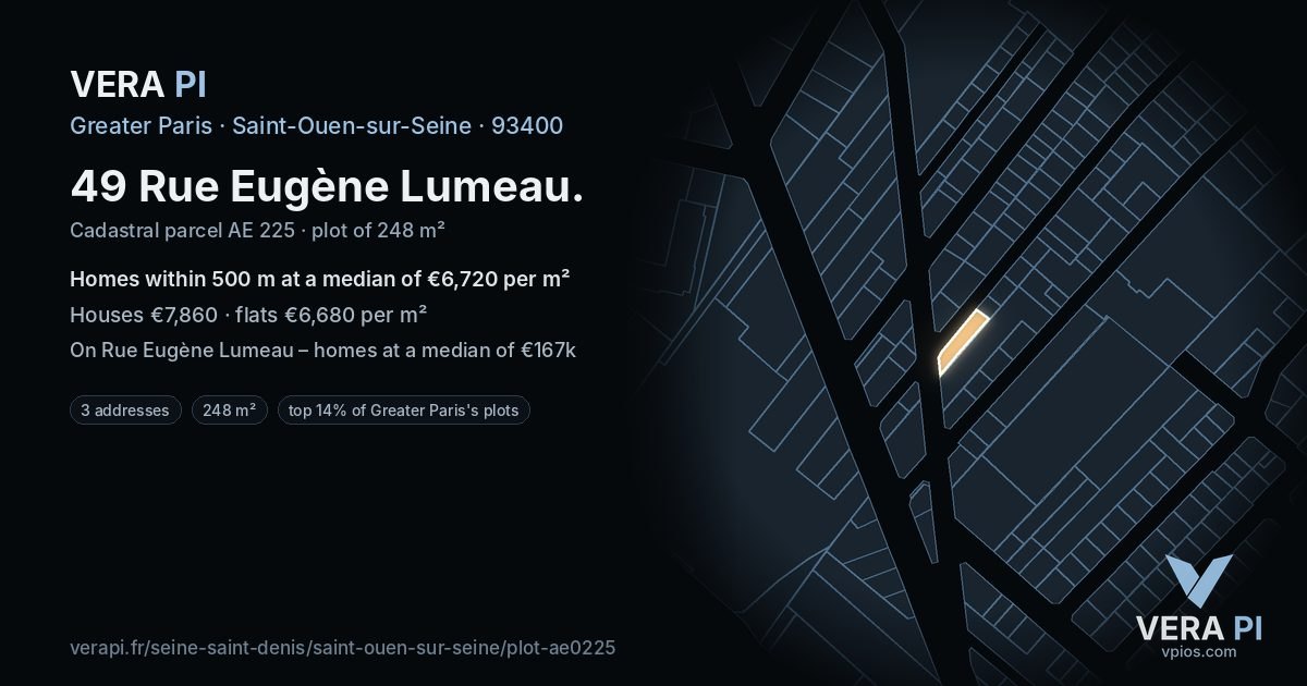 49 Rue Eugène Lumeau, Saint-Ouen-sur-Seine at night – the plot lit, the parcels around coloured by the prices near them