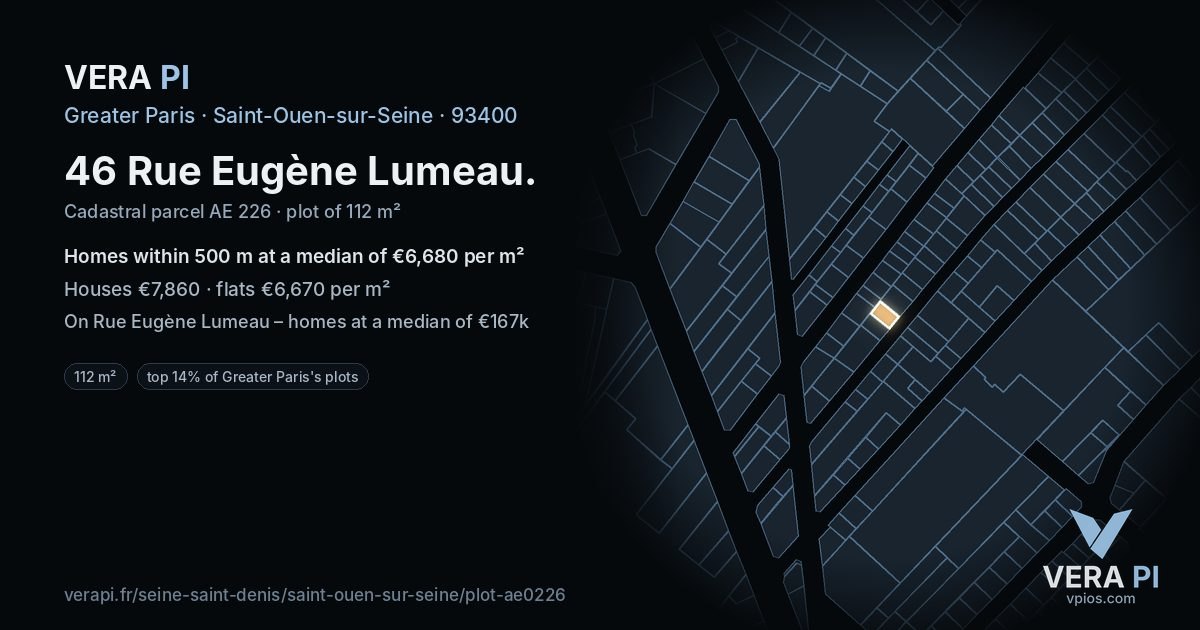 46 Rue Eugène Lumeau, Saint-Ouen-sur-Seine at night – the plot lit, the parcels around coloured by the prices near them