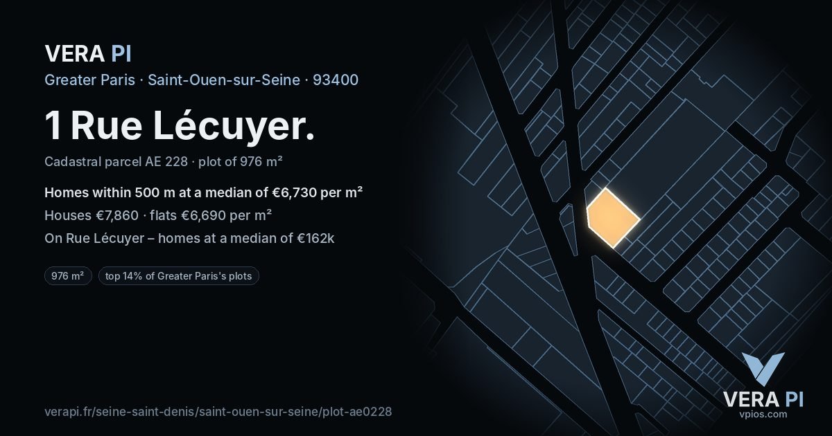 1 Rue Lécuyer, Saint-Ouen-sur-Seine at night – the plot lit, the parcels around coloured by the prices near them