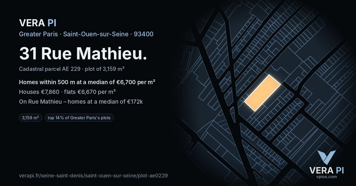 31 Rue Mathieu, Saint-Ouen-sur-Seine at night – the plot lit, the parcels around coloured by the prices near them