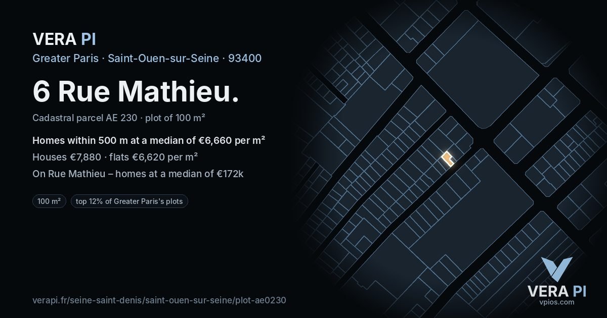 6 Rue Mathieu, Saint-Ouen-sur-Seine at night – the plot lit, the parcels around coloured by the prices near them