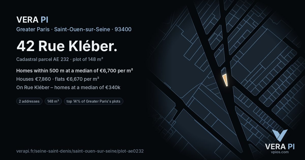 42 Rue Kléber, Saint-Ouen-sur-Seine at night – the plot lit, the parcels around coloured by the prices near them