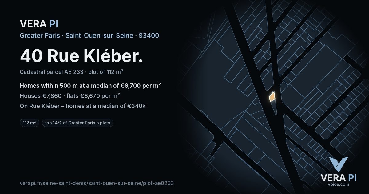 40 Rue Kléber, Saint-Ouen-sur-Seine at night – the plot lit, the parcels around coloured by the prices near them
