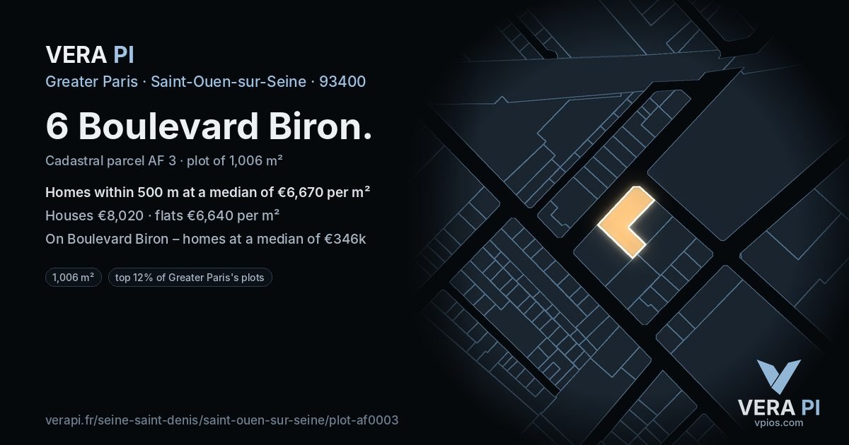 6 Boulevard Biron, Saint-Ouen-sur-Seine at night – the plot lit, the parcels around coloured by the prices near them
