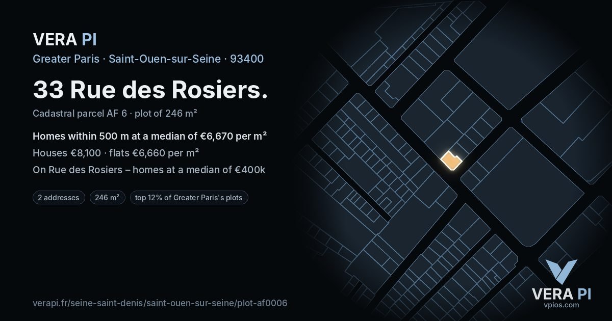 33 Rue des Rosiers, Saint-Ouen-sur-Seine at night – the plot lit, the parcels around coloured by the prices near them