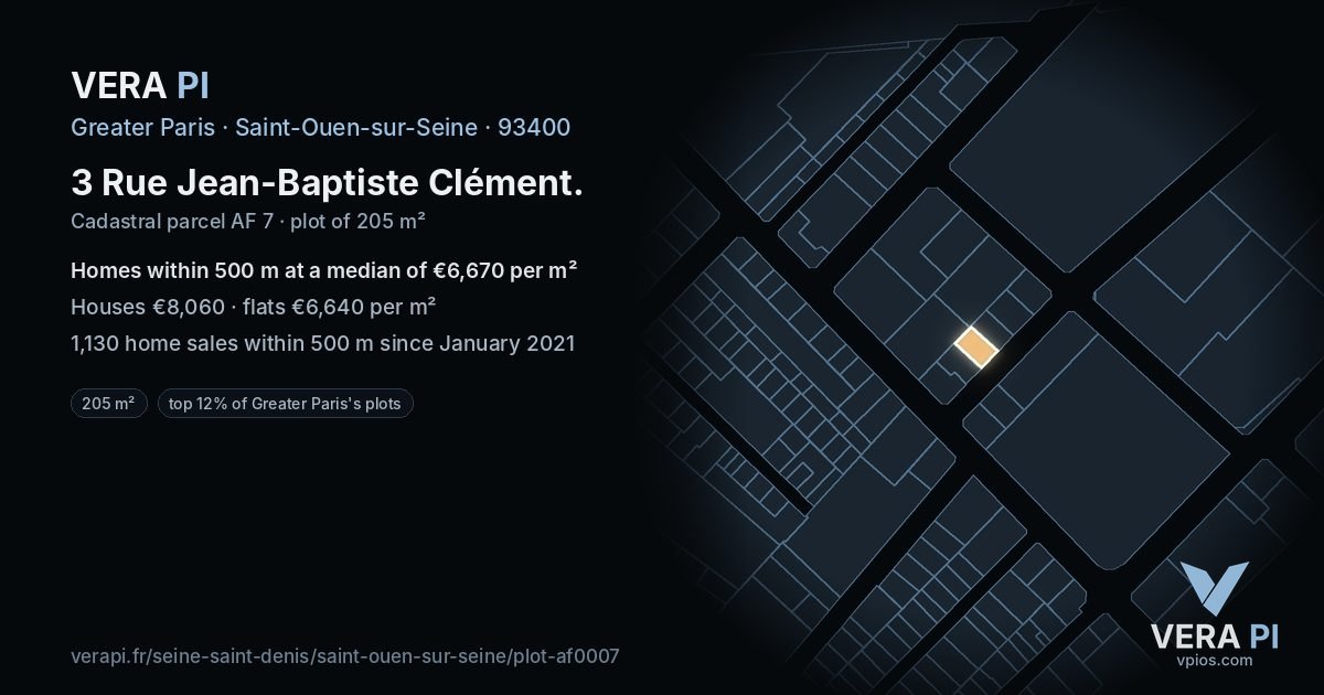 3 Rue Jean-Baptiste Clément, Saint-Ouen-sur-Seine at night – the plot lit, the parcels around coloured by the prices near them