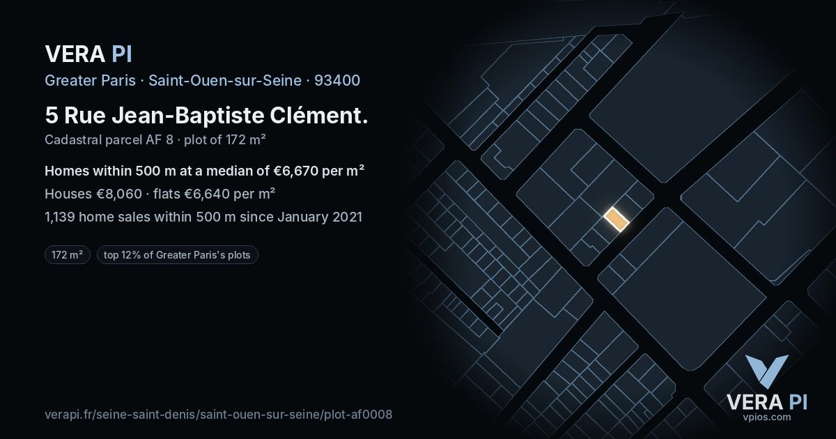 5 Rue Jean-Baptiste Clément, Saint-Ouen-sur-Seine at night – the plot lit, the parcels around coloured by the prices near them