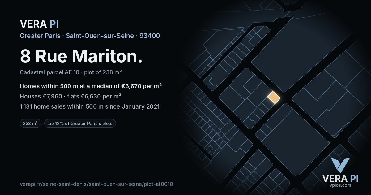 8 Rue Mariton, Saint-Ouen-sur-Seine at night – the plot lit, the parcels around coloured by the prices near them