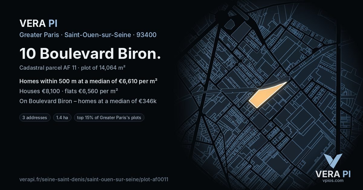 10 Boulevard Biron, Saint-Ouen-sur-Seine at night – the plot lit, the parcels around coloured by the prices near them
