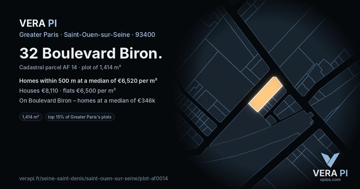 32 Boulevard Biron, Saint-Ouen-sur-Seine at night – the plot lit, the parcels around coloured by the prices near them