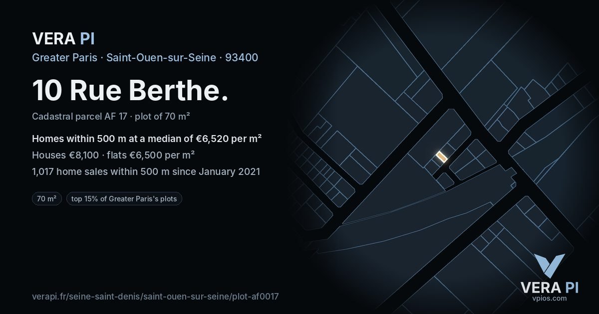 10 Rue Berthe, Saint-Ouen-sur-Seine at night – the plot lit, the parcels around coloured by the prices near them