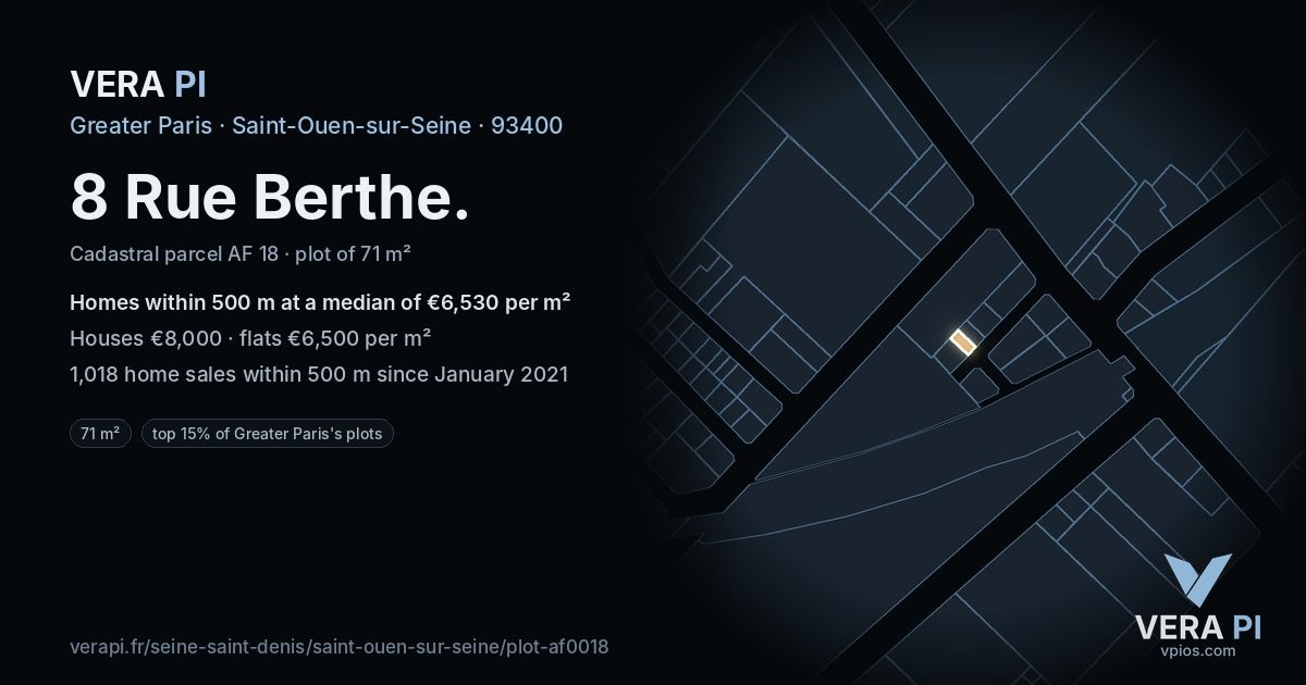 8 Rue Berthe, Saint-Ouen-sur-Seine at night – the plot lit, the parcels around coloured by the prices near them