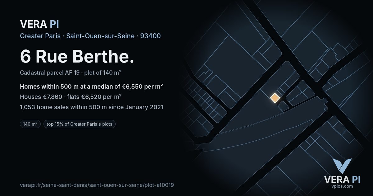 6 Rue Berthe, Saint-Ouen-sur-Seine at night – the plot lit, the parcels around coloured by the prices near them