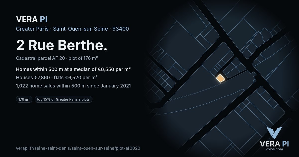 2 Rue Berthe, Saint-Ouen-sur-Seine at night – the plot lit, the parcels around coloured by the prices near them