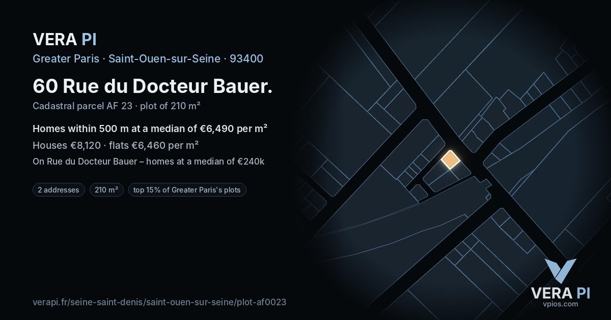 60 Rue du Docteur Bauer, Saint-Ouen-sur-Seine at night – the plot lit, the parcels around coloured by the prices near them