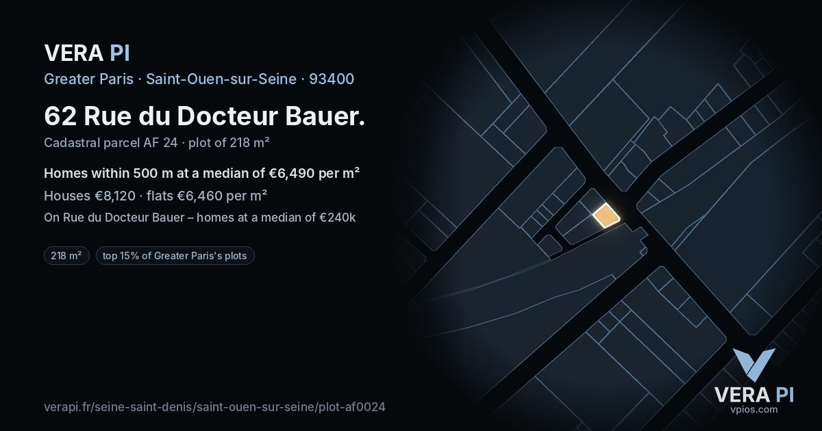 62 Rue du Docteur Bauer, Saint-Ouen-sur-Seine at night – the plot lit, the parcels around coloured by the prices near them