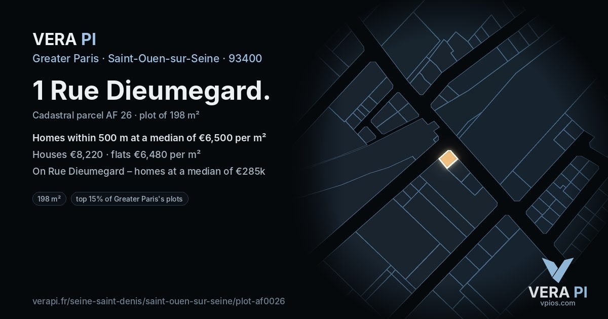 1 Rue Dieumegard, Saint-Ouen-sur-Seine at night – the plot lit, the parcels around coloured by the prices near them