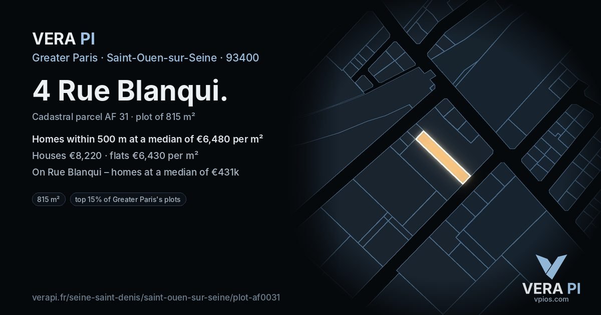 4 Rue Blanqui, Saint-Ouen-sur-Seine at night – the plot lit, the parcels around coloured by the prices near them
