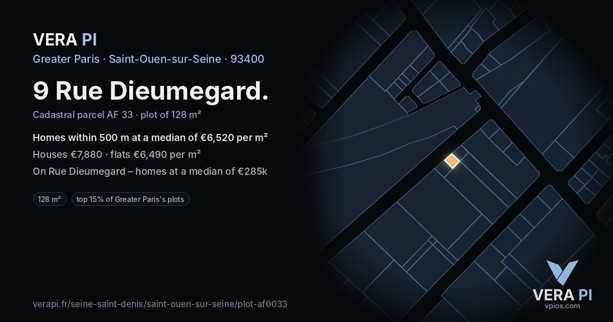 9 Rue Dieumegard, Saint-Ouen-sur-Seine at night – the plot lit, the parcels around coloured by the prices near them