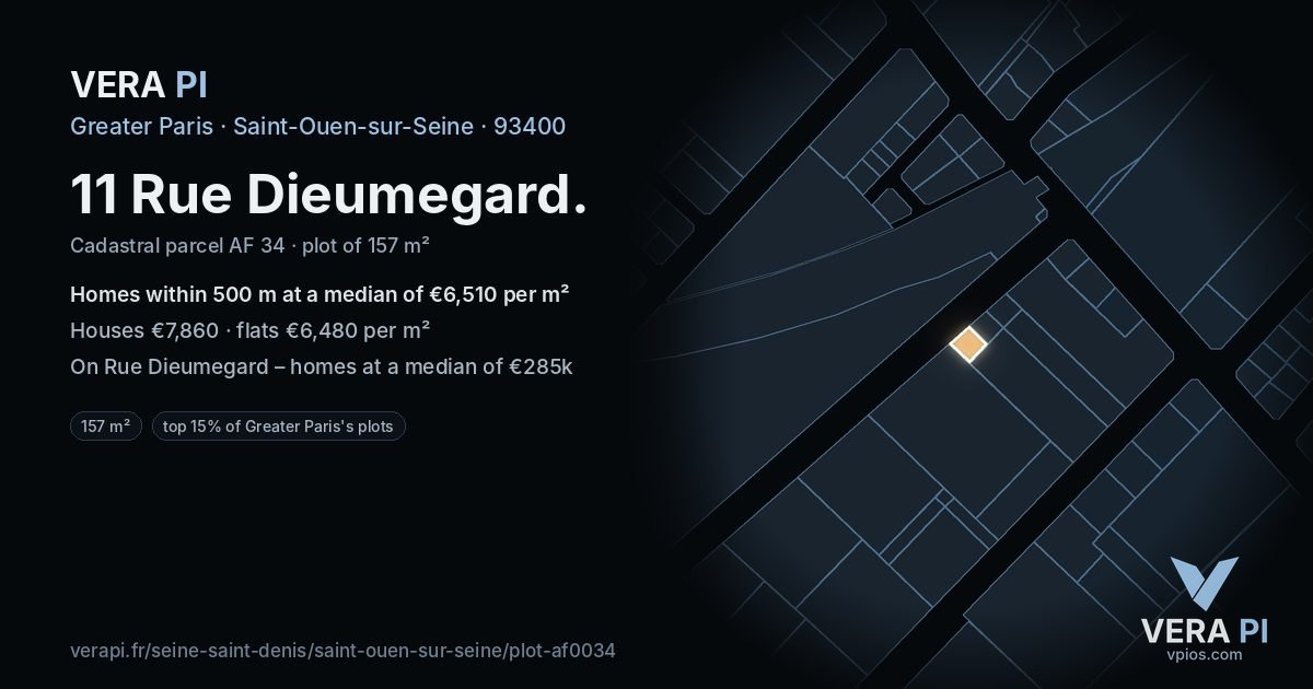 11 Rue Dieumegard, Saint-Ouen-sur-Seine at night – the plot lit, the parcels around coloured by the prices near them