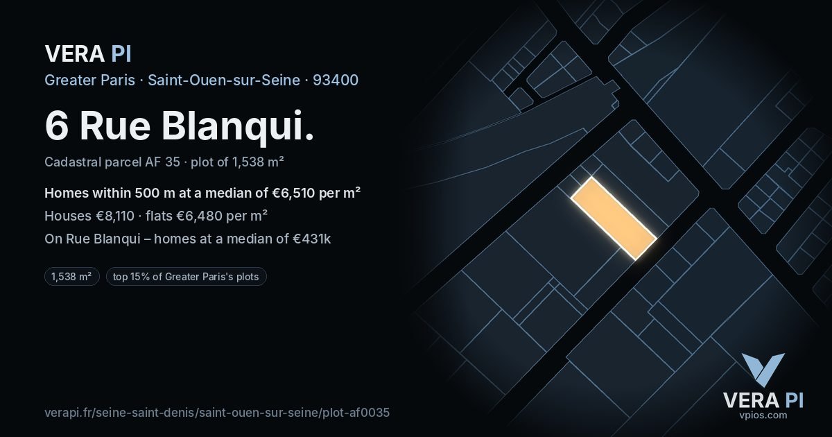 6 Rue Blanqui, Saint-Ouen-sur-Seine at night – the plot lit, the parcels around coloured by the prices near them