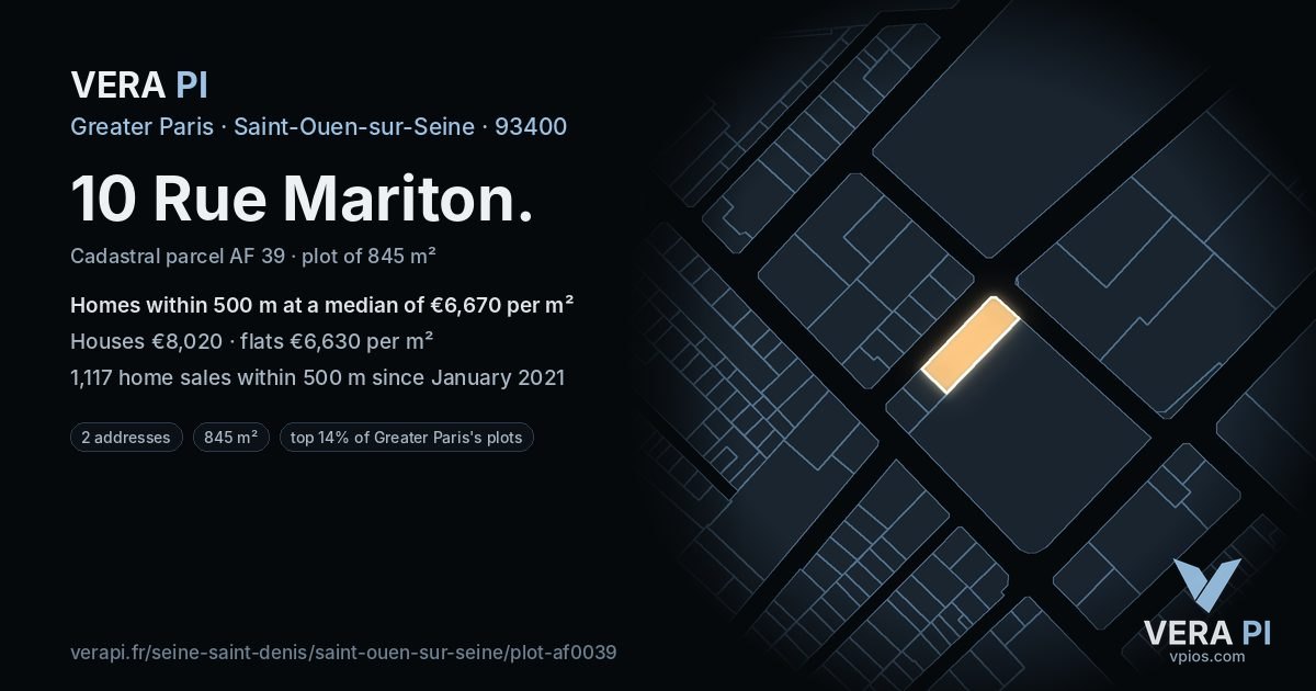 10 Rue Mariton, Saint-Ouen-sur-Seine at night – the plot lit, the parcels around coloured by the prices near them