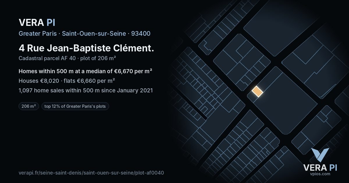 4 Rue Jean-Baptiste Clément, Saint-Ouen-sur-Seine at night – the plot lit, the parcels around coloured by the prices near them