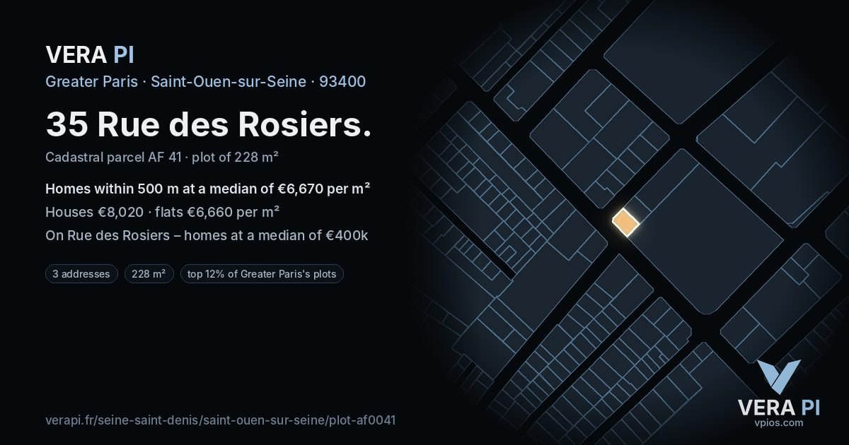 35 Rue des Rosiers, Saint-Ouen-sur-Seine at night – the plot lit, the parcels around coloured by the prices near them