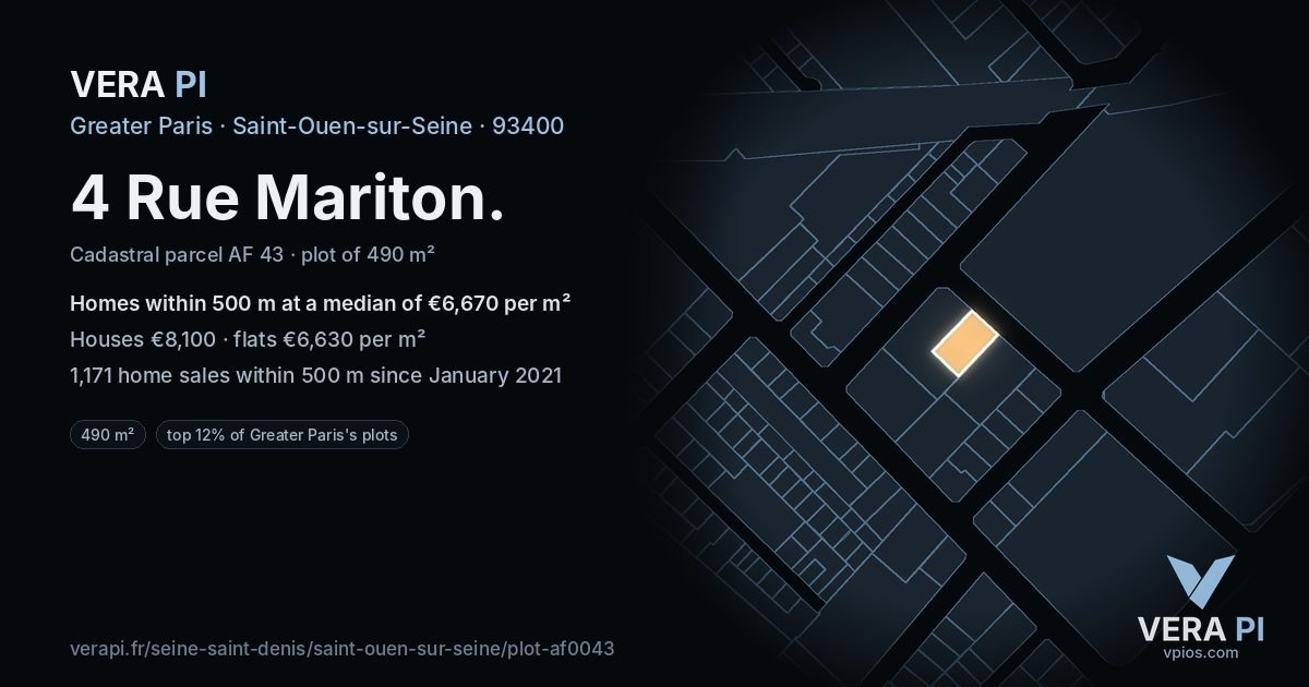 4 Rue Mariton, Saint-Ouen-sur-Seine at night – the plot lit, the parcels around coloured by the prices near them
