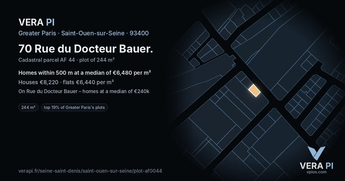 70 Rue du Docteur Bauer, Saint-Ouen-sur-Seine at night – the plot lit, the parcels around coloured by the prices near them