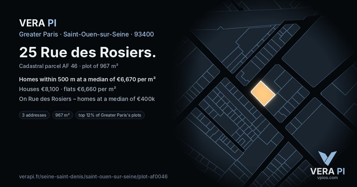 25 Rue des Rosiers, Saint-Ouen-sur-Seine at night – the plot lit, the parcels around coloured by the prices near them
