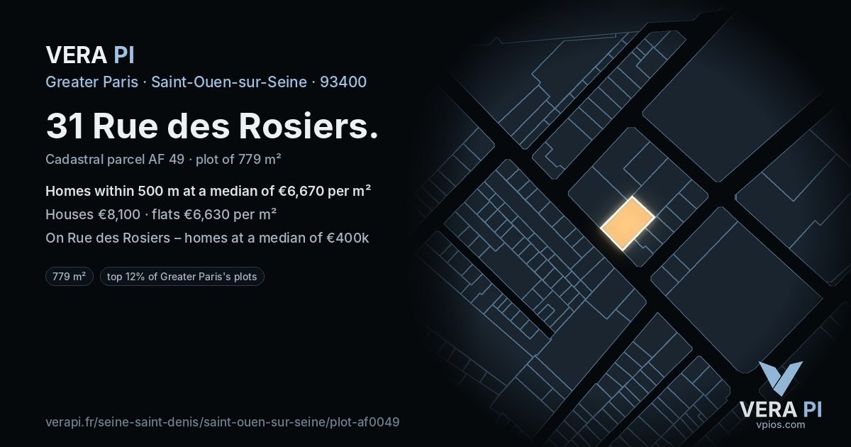 31 Rue des Rosiers, Saint-Ouen-sur-Seine at night – the plot lit, the parcels around coloured by the prices near them