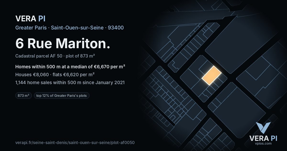 6 Rue Mariton, Saint-Ouen-sur-Seine at night – the plot lit, the parcels around coloured by the prices near them