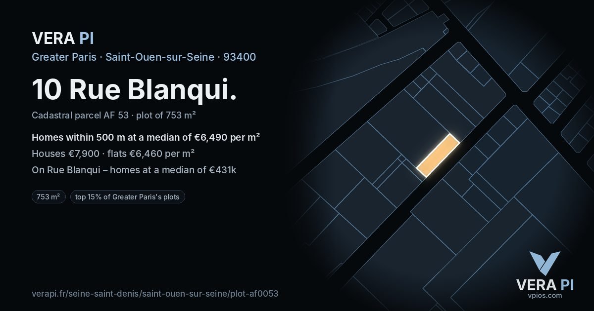 10 Rue Blanqui, Saint-Ouen-sur-Seine at night – the plot lit, the parcels around coloured by the prices near them