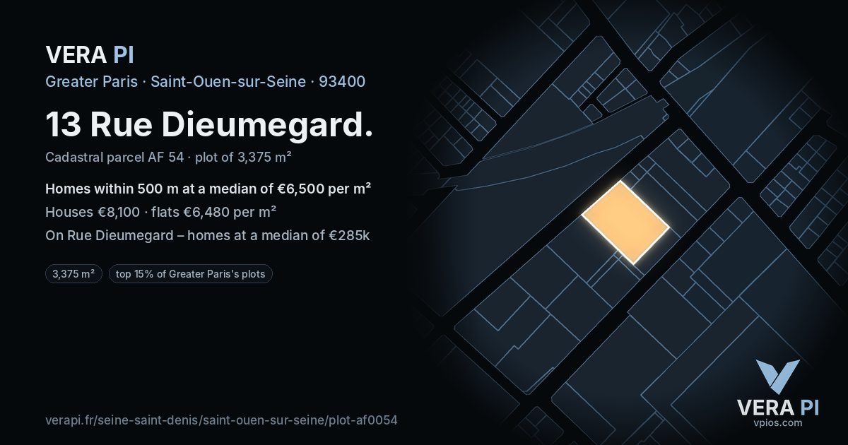 13 Rue Dieumegard, Saint-Ouen-sur-Seine at night – the plot lit, the parcels around coloured by the prices near them