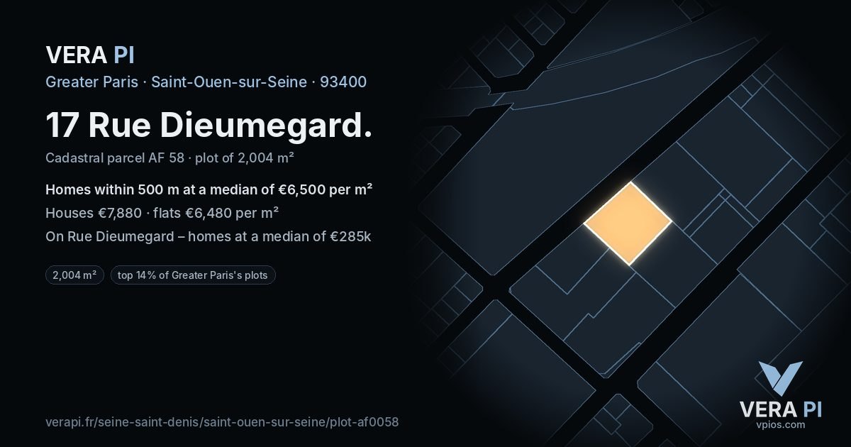 17 Rue Dieumegard, Saint-Ouen-sur-Seine at night – the plot lit, the parcels around coloured by the prices near them