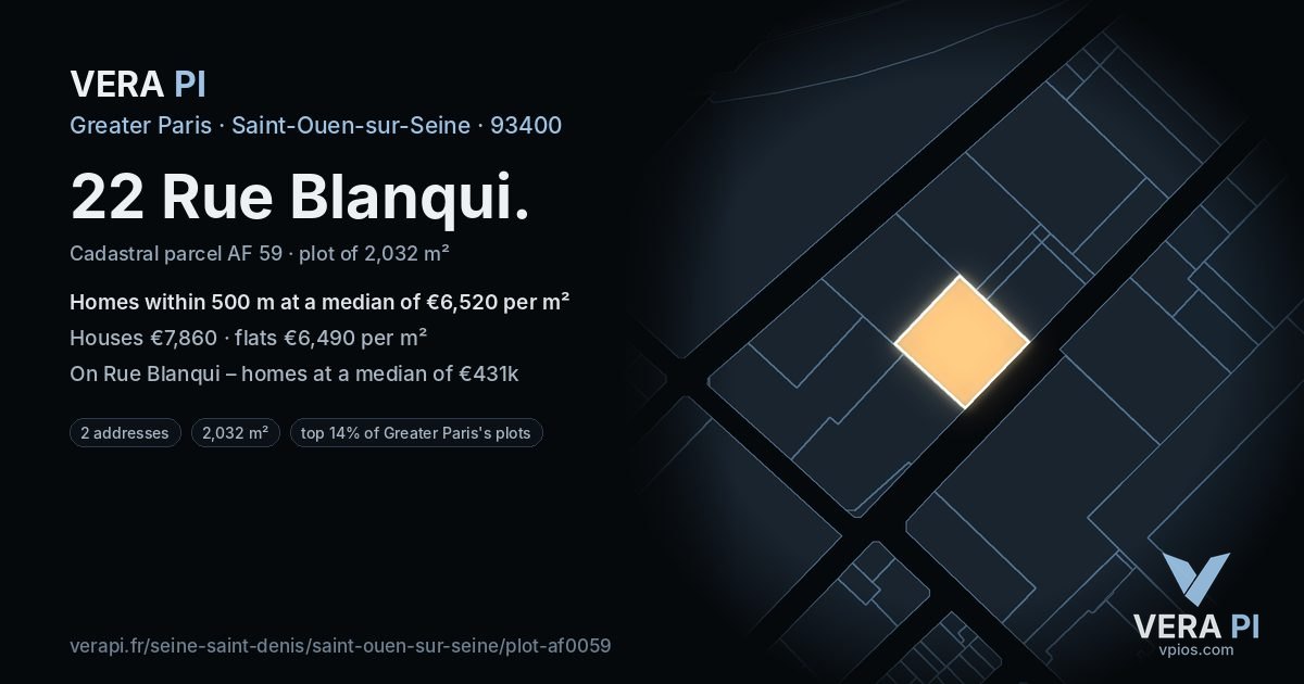 22 Rue Blanqui, Saint-Ouen-sur-Seine at night – the plot lit, the parcels around coloured by the prices near them