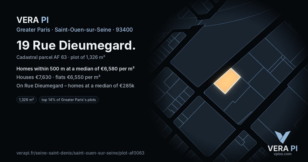 19 Rue Dieumegard, Saint-Ouen-sur-Seine at night – the plot lit, the parcels around coloured by the prices near them