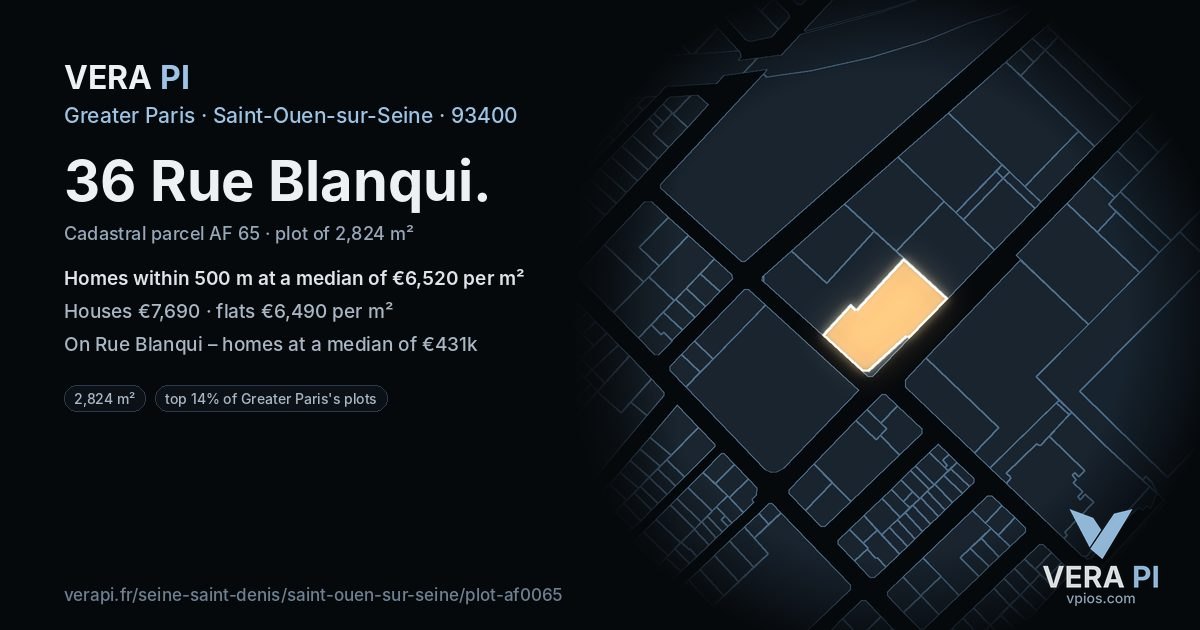 36 Rue Blanqui, Saint-Ouen-sur-Seine at night – the plot lit, the parcels around coloured by the prices near them