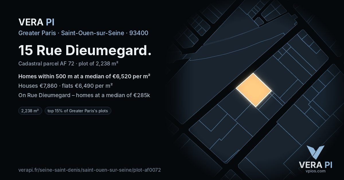 15 Rue Dieumegard, Saint-Ouen-sur-Seine at night – the plot lit, the parcels around coloured by the prices near them