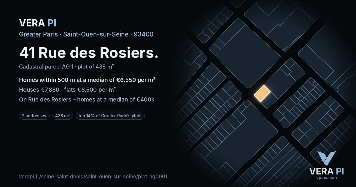41 Rue des Rosiers, Saint-Ouen-sur-Seine at night – the plot lit, the parcels around coloured by the prices near them