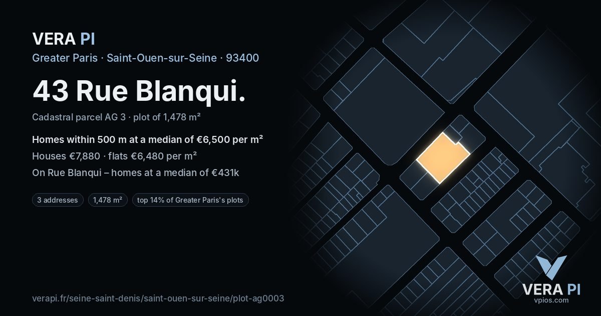 43 Rue Blanqui, Saint-Ouen-sur-Seine at night – the plot lit, the parcels around coloured by the prices near them